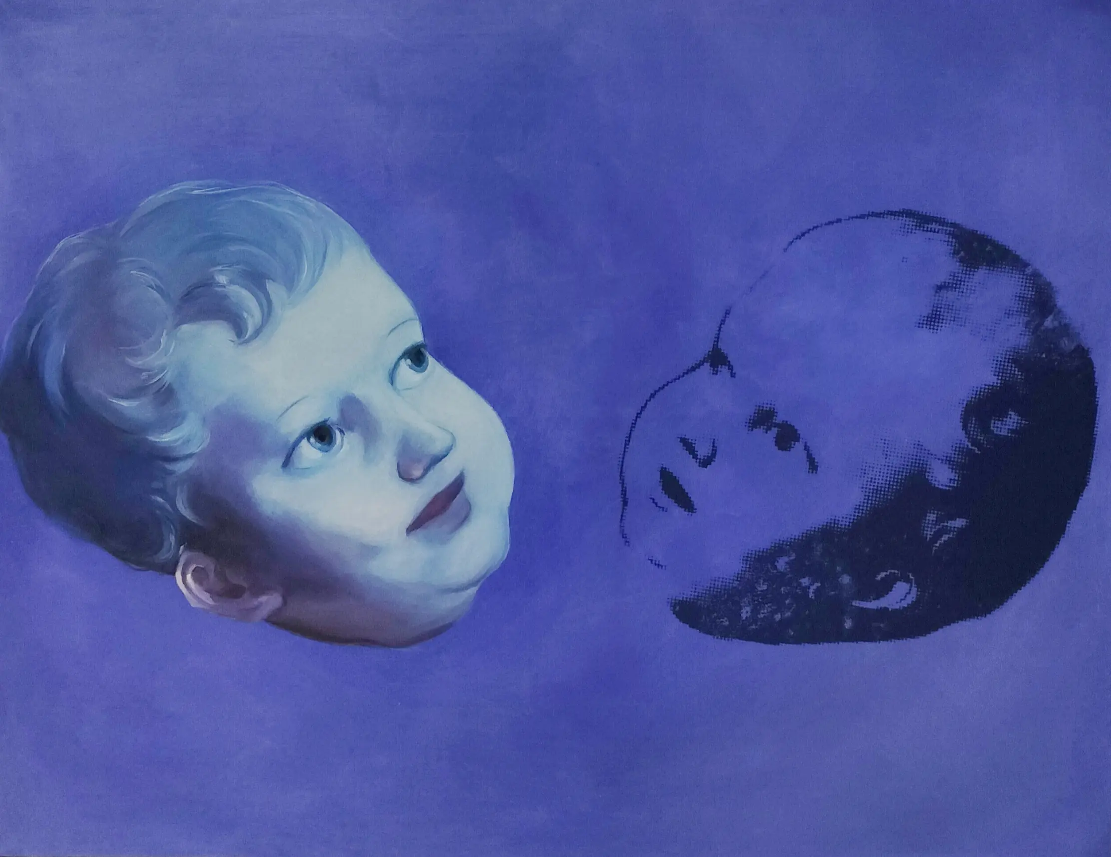 Miznúci Ježíš | Serigrafia a olej na plátne | 130x160cm | 2022 | Séria: Keď Ježíš hľadá matku